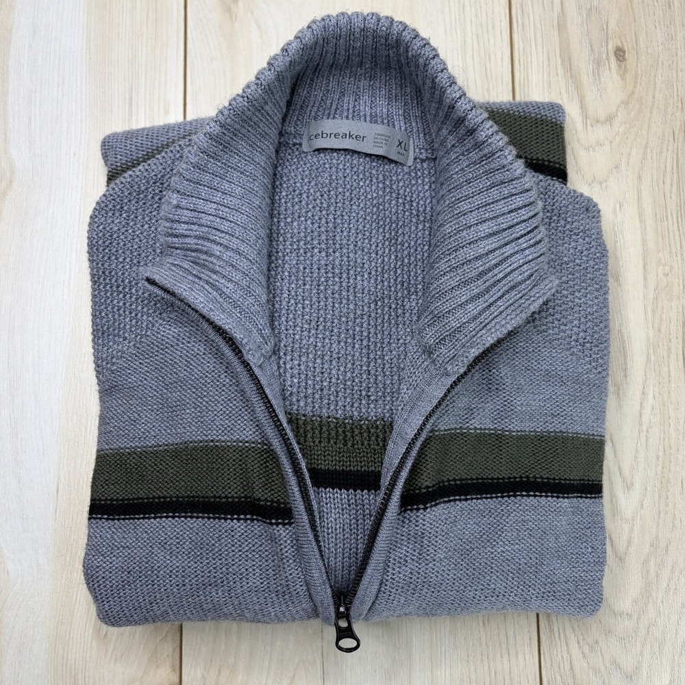 Icebreaker Thick Soft Wool 1/4 Zip Sweater Mens XL Pullover Striped Gray Green